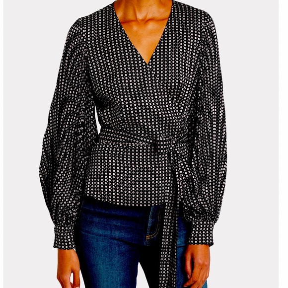 INTERMIX JENNA WRAP DUCHESS SATIN TOP IN MULTI - Picture 2 of 16